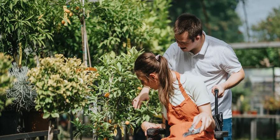 Support worker assisting participant in the garden